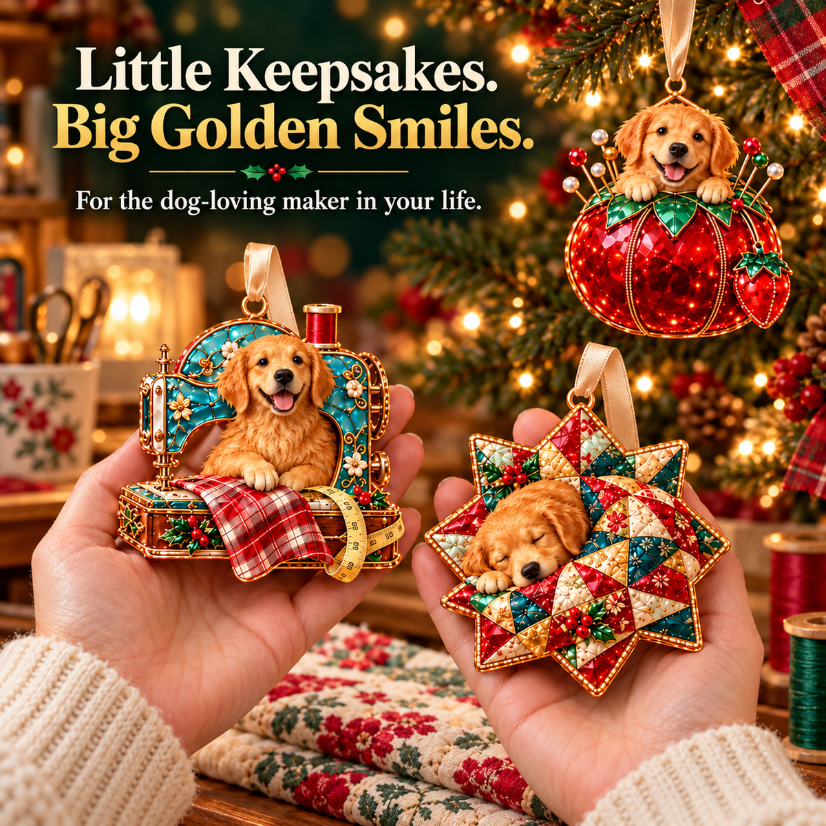 Golden Retriever Sewing-Themed Christmas Ornament